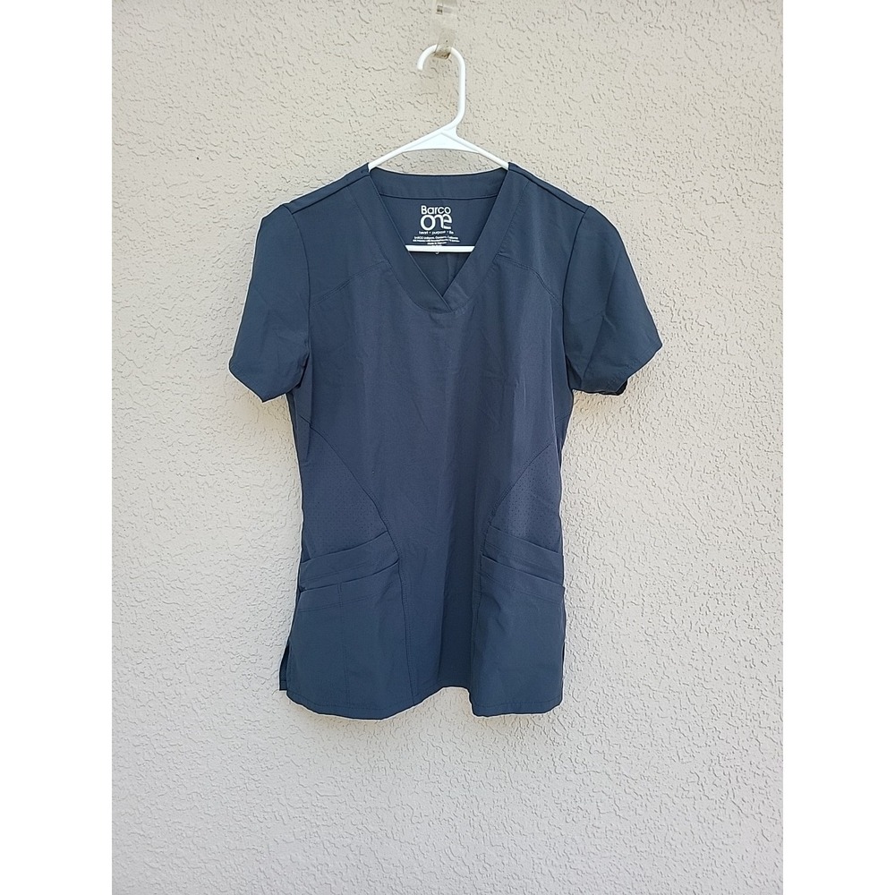 Barco One Woman's Gray Racer V-Neck Scrub Shirt With Pockets Sz S